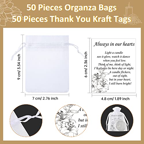 Coume 50 Set Funeral Favors Memorial Tealight Candles Unscented White Candles Funeral Gift Candles with Condolence Bereavement Cards and Organza Bags for Guest Furneral Party (Minimalist)