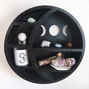 Kanley Crescent Moon Shelf for Crystals Stone, Essential Oil, Small Plant and Art - Wall, Room, and Gothic Witchy Decor - Moon Phase Rustic Boho Shelfs - Wooden Hanging Floating Shelves - (Black)