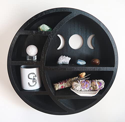 Kanley Crescent Moon Shelf for Crystals Stone, Essential Oil, Small Plant and Art - Wall, Room, and Gothic Witchy Decor - Moon Phase Rustic Boho Shelfs - Wooden Hanging Floating Shelves - (Black)