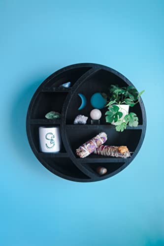 Kanley Crescent Moon Shelf for Crystals Stone, Essential Oil, Small Plant and Art - Wall, Room, and Gothic Witchy Decor - Moon Phase Rustic Boho Shelfs - Wooden Hanging Floating Shelves - (Black)