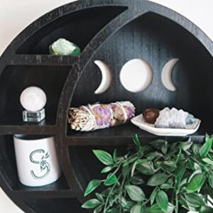 Kanley Crescent Moon Shelf for Crystals Stone, Essential Oil, Small Plant and Art - Wall, Room, and Gothic Witchy Decor - Moon Phase Rustic Boho Shelfs - Wooden Hanging Floating Shelves - (Black)