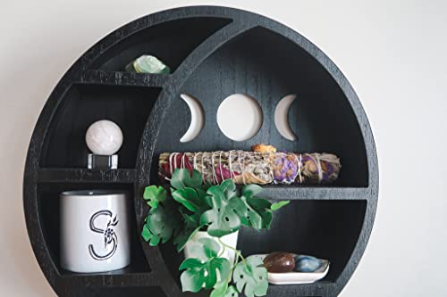 Kanley Crescent Moon Shelf for Crystals Stone, Essential Oil, Small Plant and Art - Wall, Room, and Gothic Witchy Decor - Moon Phase Rustic Boho Shelfs - Wooden Hanging Floating Shelves - (Black)