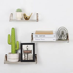 NEX Floating Shelves Wall Mounted Set of 3, Rustic Wood Wall Shelves with Gold Frame for Wall Décor, Bedroom, Bathroom, Living Room, Kitchen.