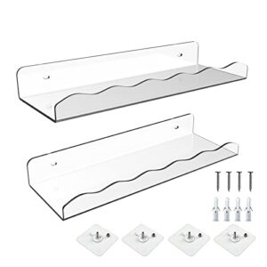clear acrylic floating shelves wall mounted , floating shelves for wall for for storage, bedroom living room bathroom kitchen and more,self-adhesive and perforated installation 2-pack (transparent)