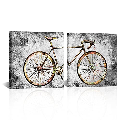 HOMEOART Rustic Bicycle Graffiti Wall Art Mountain Bike Painting Retro Bike Canvas Prints Framed Artwork Farmhouse Living Room Bedroom Decoration 12"x12"x2Pieces