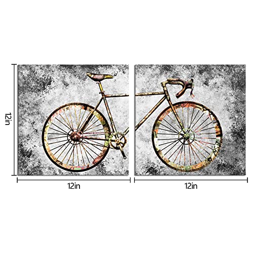 HOMEOART Rustic Bicycle Graffiti Wall Art Mountain Bike Painting Retro Bike Canvas Prints Framed Artwork Farmhouse Living Room Bedroom Decoration 12"x12"x2Pieces