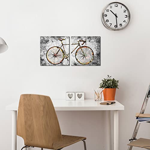 HOMEOART Rustic Bicycle Graffiti Wall Art Mountain Bike Painting Retro Bike Canvas Prints Framed Artwork Farmhouse Living Room Bedroom Decoration 12"x12"x2Pieces