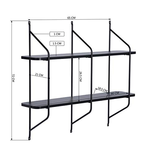 FurnitureR Floating Shelves Wall Mounted Storage Shelves, 2-Tier Wall Shelves Modern Hanging Shelves with Metal Frames, Decorative Display Rack Shelf for Living Room Bedroom, Black