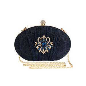 mulian lily navy blue evening bags for women pleated glitter rhinestone crystal brooch clutch purse with detachable chain strap m268