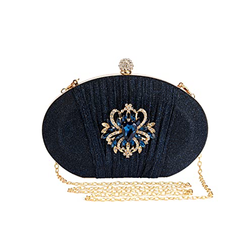 Mulian LilY Navy Blue Evening Bags For Women Pleated Glitter Rhinestone Crystal Brooch Clutch Purse With Detachable Chain Strap M268