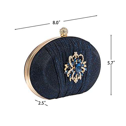Mulian LilY Navy Blue Evening Bags For Women Pleated Glitter Rhinestone Crystal Brooch Clutch Purse With Detachable Chain Strap M268