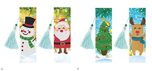 Christmas Bookmark Diamond Painting Kit - pigpigboss 4 Pack 5D Diamond Painting Art Crystal Rhinestones Snowman Bookmark Diamond Painting Set Christmas Tree Diamond Dot Bookmark Book Decor (21 x 6 cm)