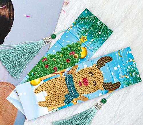 Christmas Bookmark Diamond Painting Kit - pigpigboss 4 Pack 5D Diamond Painting Art Crystal Rhinestones Snowman Bookmark Diamond Painting Set Christmas Tree Diamond Dot Bookmark Book Decor (21 x 6 cm)