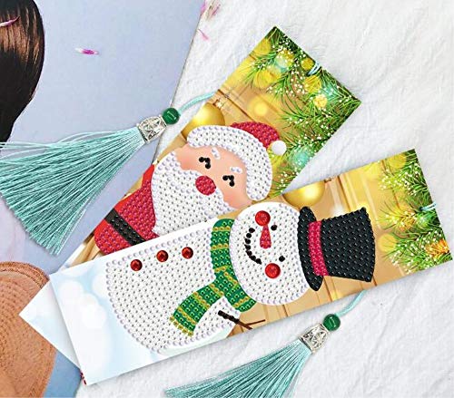 Christmas Bookmark Diamond Painting Kit - pigpigboss 4 Pack 5D Diamond Painting Art Crystal Rhinestones Snowman Bookmark Diamond Painting Set Christmas Tree Diamond Dot Bookmark Book Decor (21 x 6 cm)