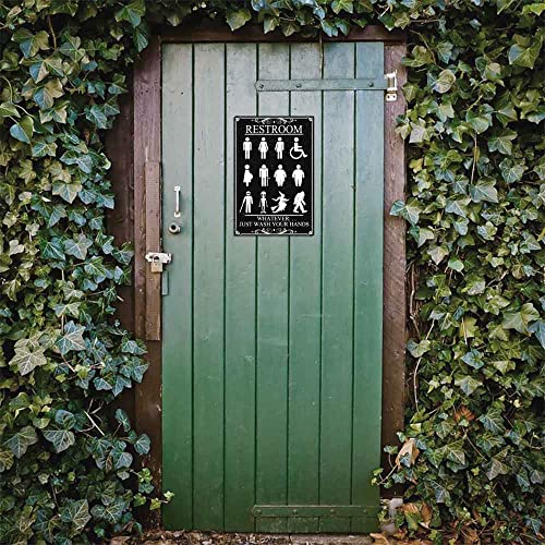 Garnamy Funny Restroom Sign Just Wash Your Hands Vintage Metal Signs Inclusive Bathroom Door Gender Sign for Toilet Home Hotel Wall Decor 8 x12 Inch, Black