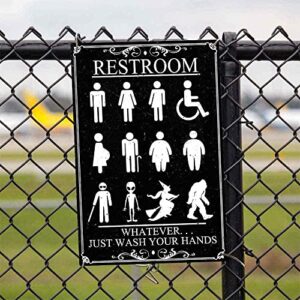 Garnamy Funny Restroom Sign Just Wash Your Hands Vintage Metal Signs Inclusive Bathroom Door Gender Sign for Toilet Home Hotel Wall Decor 8 x12 Inch, Black