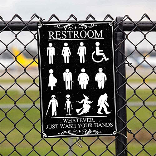 Garnamy Funny Restroom Sign Just Wash Your Hands Vintage Metal Signs Inclusive Bathroom Door Gender Sign for Toilet Home Hotel Wall Decor 8 x12 Inch, Black