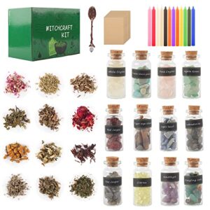 witchcraft supplies box for wiccan spells , 49 pack witchcraft starter kit, spell candles&crystals&dried herbs for beginners experienced witches pagan spell-versatile tools gifts packaging