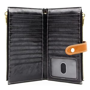 andoilt wallet women men rfid blocking genuine leather bifold multi card organizer wristlet purse with zipper pocket cell phone handbag black