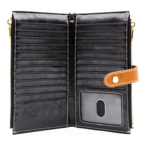 ANDOILT Wallet Women Men RFID Blocking Genuine Leather Bifold Multi Card Organizer Wristlet Purse with Zipper Pocket Cell Phone Handbag Black