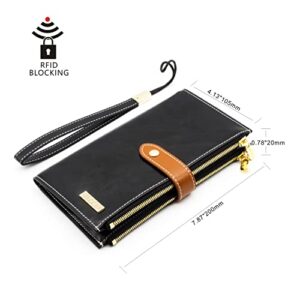 ANDOILT Wallet Women Men RFID Blocking Genuine Leather Bifold Multi Card Organizer Wristlet Purse with Zipper Pocket Cell Phone Handbag Black