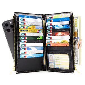 ANDOILT Wallet Women Men RFID Blocking Genuine Leather Bifold Multi Card Organizer Wristlet Purse with Zipper Pocket Cell Phone Handbag Black