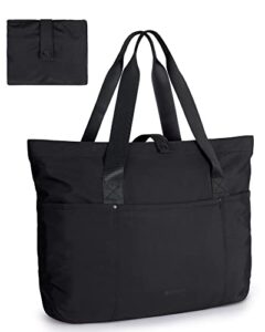 bagsmart tote bag for women, foldable tote bag with zipper large shoulder bag top handle handbag for travel, work, shopping, gym, school, black