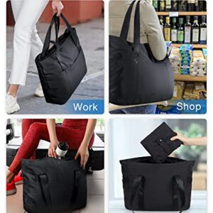 BAGSMART Tote Bag for Women, Foldable Tote Bag With Zipper Large Shoulder Bag Top Handle Handbag for Travel, Work, Shopping, Gym, School, Black