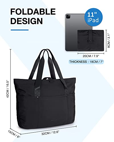 BAGSMART Tote Bag for Women, Foldable Tote Bag With Zipper Large Shoulder Bag Top Handle Handbag for Travel, Work, Shopping, Gym, School, Black