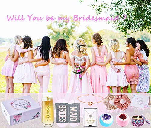 Bridesmaid Proposal Gifts Set-Will You be My Bridesmaid Gift Box, Wedding Engagement Gifts,Bachelorette Party Bridal Showers gifts,Bridesmaids Bracelets, Necklaces And Bridesmaids Socks Rose Spa Gifts