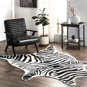 nuloom jayla machine washable zebra faux cowhide area rug, 5′ 9″ x 7′ 7″, black and white