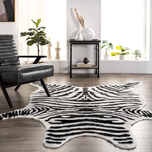 nuLOOM Jayla Machine Washable Zebra Faux Cowhide Area Rug, 5' 9" x 7' 7", Black and White