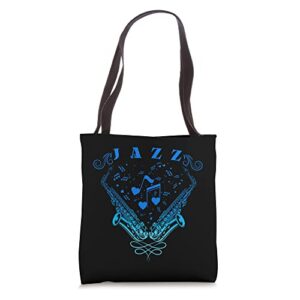 jazz musicians blue music blue jazz notes saxophone tote bag