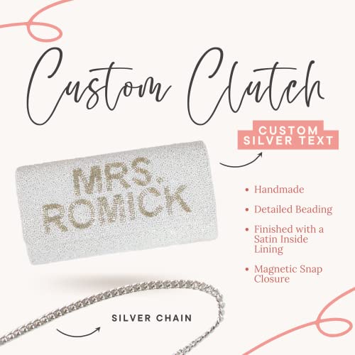 Personalized Custom Clutch Purse for Women, Beaded Clutch Crossbody Bag with Silver Chain Strap, Perfect for Wedding, Prom, Bridal Shower, Bachelorette Party, Engagement, & Honeymoon (Silver)