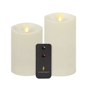 luminara set of 2 outdoor moving flame pillar (ipx4) with remote control, flameless led candle, melted edge, smooth matte finish, timer, ivory 3.25″ x 5.5″ and 6.5″