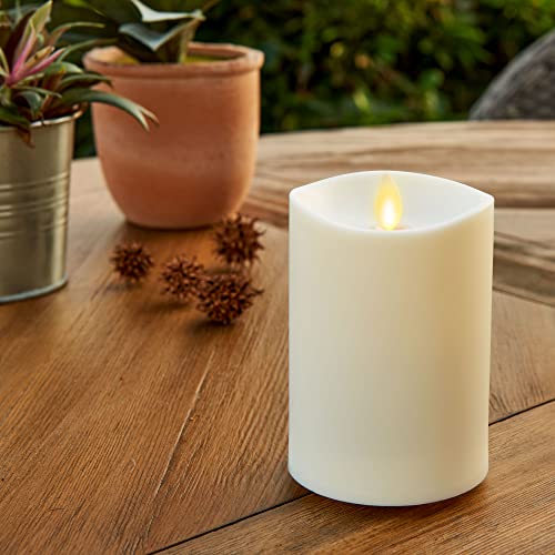 Luminara Set of 2 Outdoor Moving Flame Pillar (IPX4) with Remote Control, Flameless LED Candle, Melted Edge, Smooth Matte Finish, Timer, Ivory 3.25" x 5.5" and 6.5"