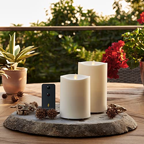 Luminara Set of 2 Outdoor Moving Flame Pillar (IPX4) with Remote Control, Flameless LED Candle, Melted Edge, Smooth Matte Finish, Timer, Ivory 3.25" x 5.5" and 6.5"