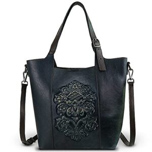 tote bags for women leather shoulder hand bags tote handle medium satchel vintage embossing rose (blue)