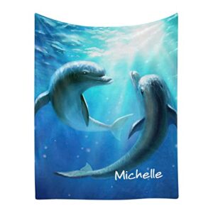 dolphins deep ocean personalized blanket with name text custom comfort super soft cozy fleece fashion throw blankets for wedding birthday gift 50×60 inch