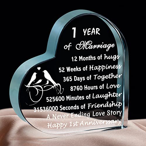 IFOLAINA 1 Year of Marriage Gift 1st Wedding Anniversary Crystal Heart Gift for Her Keepsake Decoration Gifts for Couple Him Her Husband Wife - 1 Year