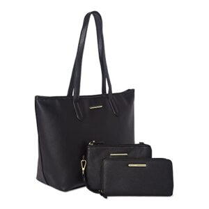 Time Tru Time and Tru Women's Faux Leather Vegan 3-Piece Handbag Set Tote, Wristlet and Wallet (Black Pebble)