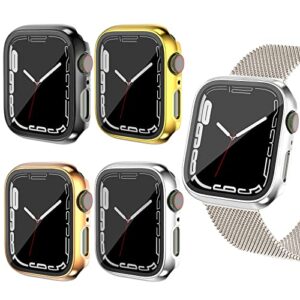 [4 pack] hard pc plating case compatible for apple watch series 7 45mm with tempered glass screen protector, full around protective cover bumper for iwatch smartwatch