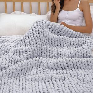 Tocozy Chunky Knit Blanket Soft Cozy Chenille Throw Handmade Cable Knit Blanket for Bed Sofa Home Decor Light Gray 60x80 Inch