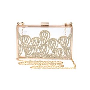 mulian lily women clear purse acrylic transparent clear clutch bag with rhinestones, shoulder handbag with removable gold chain strap m263
