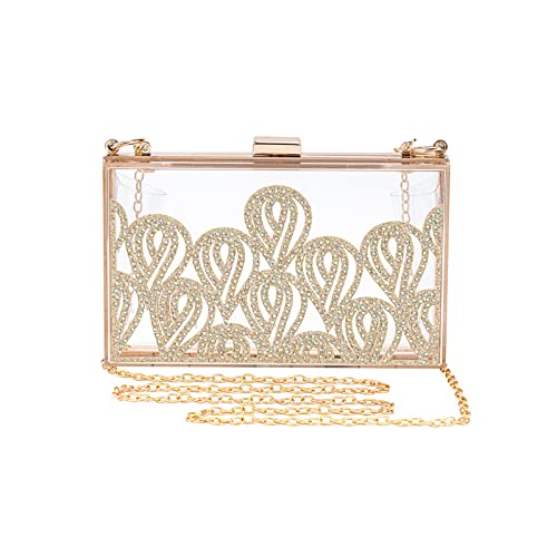 Mulian LilY Women Clear Purse Acrylic Transparent Clear Clutch Bag With rhinestones, Shoulder Handbag With Removable Gold Chain Strap M263