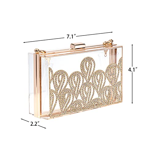 Mulian LilY Women Clear Purse Acrylic Transparent Clear Clutch Bag With rhinestones, Shoulder Handbag With Removable Gold Chain Strap M263