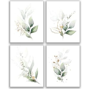 botanical plant simple life green leaf painting bathroom wall decor art print set of 4(8”x10”), watercolor modern bohemia botanical floral leaves kitchen plant pictures, boho leaf eucalyptus wall décor