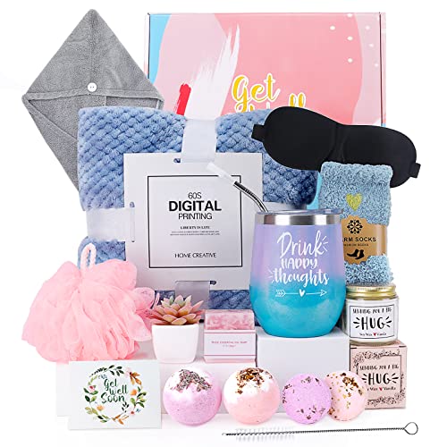 Get Well Soon Gifts for Women,Care Package for Women,Feel Better Gifts Basket for Sick Friends,After Surgery Recovery Thinking of you Self Care Sympathy Gift for Women with Blanket & Socks,Tumbler