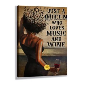 black art wall decor african american wall art for living room black queen vintage music canvas print wall decor for living room retro newspaper fashion queen woman love music and red wine cups painting for bar dinning room,bedroom 16×24 inch