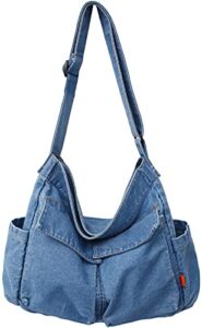 single color denim canvas handbag cross body shoulder purse bag tote-handbag with pockets daily use large capacity for women